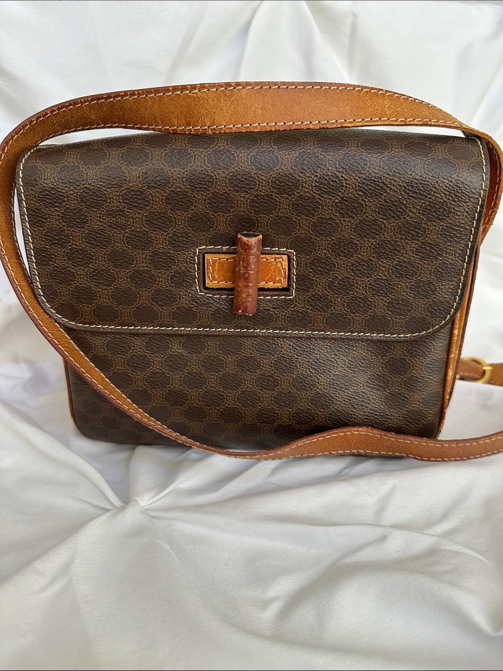 CELINE Macadam Small Shoulder Bag Brown/Tan Gold Hardware Zip Buckle Pockets